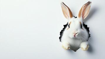 A cute bunny with black and white fur is peeking through a hole in a wall. Its large ears and bright eyes show curiosity, creating a playful connection to the Easter celebration. photo