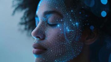 A woman with closed eyes experiences a digital meditation session. Her face is illuminated with a network of blue dots symbolizing mental health and mindfulness through technology. photo
