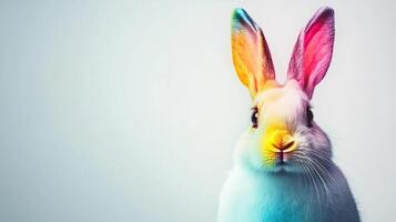 A colorful bunny stands against a gray background, showcasing vibrant pink and orange ears. This delightful representation captures the essence of Easter joy and creativity in a playful manner. photo