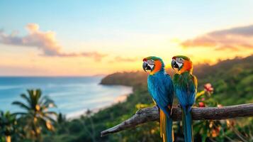 Two vibrant macaws perched on a branch catch the warm glow of a tropical sunset as they gaze towards the calm ocean. The peaceful scene captures a perfect vacation moment in paradise. photo