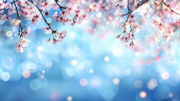 Delicate cherry blossoms fill the branches, showcasing their vibrant pink hues. The background features a serene blue with a gentle bokeh effect, enhancing the beauty of springtime. photo