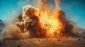 A significant explosion occurs, creating a massive cloud of smoke and debris. The force of the blast sends materials flying into the air, with vivid colors contrasting against a bright sky. photo