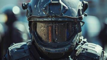 A soldier wearing a sleek helmet and protective gear stands in focus, showcasing a weathered visor and tactical attire amidst a group engaged in a training exercise outdoors in daylight. photo