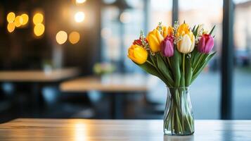 A vibrant bouquet of tulips in orange, yellow, pink, and white colors sits in a glass vase on a wooden table. Soft bokeh lights create a warm atmosphere in a welcoming cafe during springtime. photo