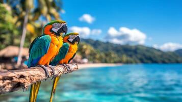 Two vibrant macaw parrots sit on a branch overlooking a stunning tropical ocean. Lush palm trees frame the serene blue waters under a clear sky, inviting a perfect vacation vibe. photo