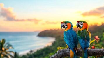 Two vibrant macaws perch on a branch overlooking a serene tropical ocean during sunset. The warm colors of the sky reflect on the water, creating a picturesque vacation atmosphere. photo