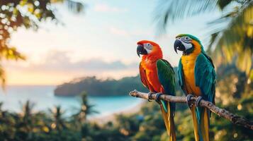 Two colorful macaws sit on a branch, showcasing their bright feathers against the backdrop of a serene tropical beach. The sun sets on the horizon, creating a peaceful vacation atmosphere. photo