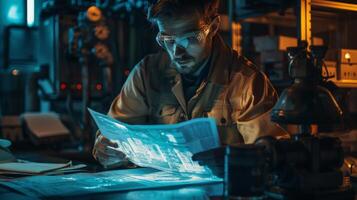 A focused engineer reviews technical blueprints in a laboratory setting, illuminated by blue ambient light during the evening. Advanced equipment and tools are scattered around. photo