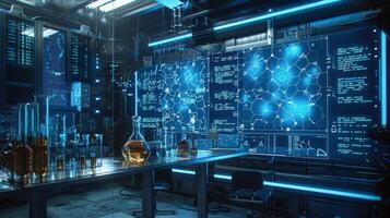 In a high tech laboratory, bright screens display complex data while lab equipment sits ready for scientific exploration, showcasing a modern research environment. photo