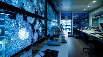 A sleek laboratory is illuminated by various large screens showing intricate scientific data. Research equipment and computers are visible, creating a professional atmosphere in the evening. photo