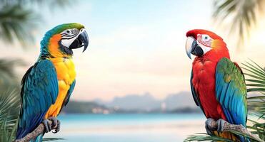 Two vibrant macaws sit on a branch amidst lush greenery, overlooking a tranquil ocean view during sunset. The warm colors create a serene atmosphere perfect for a vacation getaway. photo