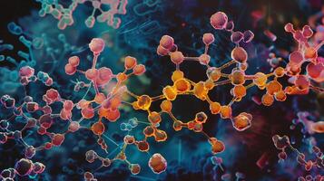 Intricate molecular structures display vibrant colors while showcasing complex biochemical interactions, typically observed in a laboratory environment during scientific exploration. photo