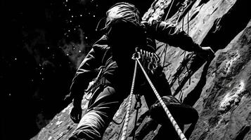 A determined climber navigates a steep rock face, using ropes for support while surrounded by the beauty of a starry night. The wilderness offers a stunning yet demanding backdrop. photo