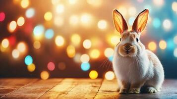 A cute bunny sits on a wooden surface, illuminated by vibrant, colorful lights in the background, creating a cheerful and festive atmosphere perfect for Easter celebrations. photo