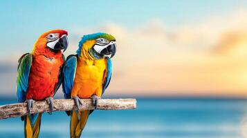 Two vibrant macaws sit on a branch overlooking the tranquil ocean. The warm colors of sunset illuminate the serene tropics, perfect for a vacation vibe. The scene captures nature's beauty and peace. photo