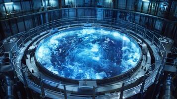 A high tech facility features a circular pool with swirling water, showcasing complex wave patterns and advanced technology. The environment is modern and industrial, emphasizing innovation. photo