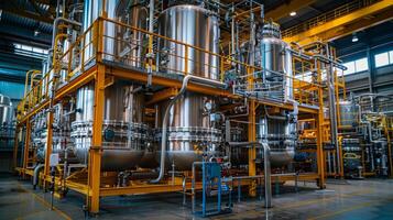Massive stainless steel vessels and pipes fill an industrial processing facility, showcasing the latest technology and efficiency in a vibrant working environment illuminated by natural light. photo