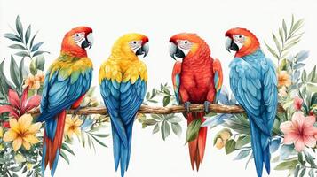 Four colorful macaws of varying hues are perched on a thick branch in a lush tropical setting. They are framed by an array of vibrant flowers and green leaves, creating a lively vacation feel. photo