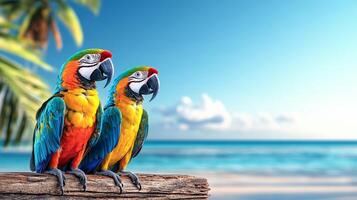 Two colorful macaws relax on a weathered log, overlooking the calm ocean waters in a tropical paradise. Soft waves lap gently against the shore, creating a serene vacation ambiance. photo