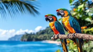 Two colorful macaws sit on a branch overlooking a stunning tropical coastline. The clear blue ocean meets sandy beaches, creating a serene vacation atmosphere surrounded by lush greenery. photo