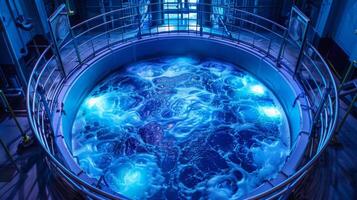 A circular chamber of vibrant blue water swirls and bubbles under soft lighting, creating a unique and tranquil atmosphere in a research facility at night. photo
