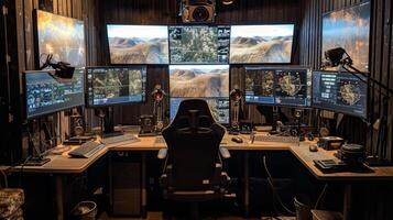 A command center featuring several large screens displaying various maps and graphics. photo
