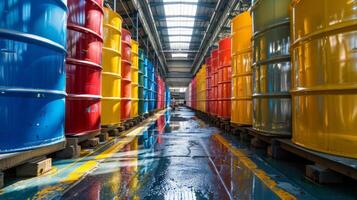 Rows of brightly colored barrels in a large warehouse create a vivid corridor. Natural light streams through the ceiling, reflecting on the wet floor. photo