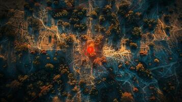 An aerial view captures a vibrant forest as dusk falls, showcasing intricate patterns formed by trees and trails under a starlit sky, creating a mesmerizing natural landscape. photo