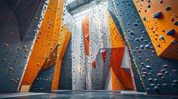 A dynamic indoor climbing space showcases colorful walls adorned with numerous holds for climbers. photo