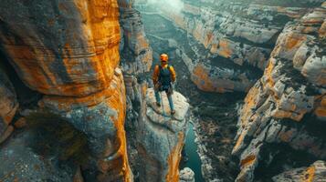 A lone adventurer balances on the edge of a high cliff, gazing into the expansive canyon below, surrounded by rugged rock formations and morning mist that enhances the wild atmosphere. photo