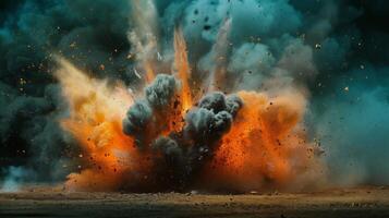 A powerful explosion occurs in an open field, sending orange flames and gray smoke billowing into the sky. Debris is visible scattering around as the force is unleashed. photo