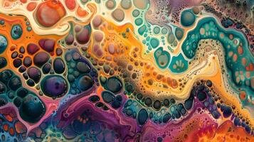Colorful fluid patterns featuring a blend of orange, blue, green, and purple hues create an eye catching abstract composition that evokes feelings of depth and movement. photo