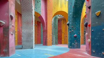 The indoor climbing gym showcases an array of multicolored walls with climbing holds of different shapes, inviting climbers to explore their skills in a bright and spacious setting. photo