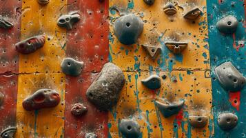A vibrant climbing wall displays an array of holds in different shapes and sizes, designed for athletes to practice their rock climbing skills in a well lit indoor gym. photo