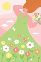 Beautiful happy woman in summer against a background of flowers, the sky with a bouquet in her hand. flat graphics. vector