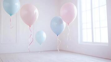 Pastel Perfection, A Serene Scene with Balloons Floating in a Light Filled Room photo
