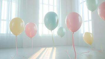 Pastel Balloons Floating in Bright Room with Sunlight and Subtle Shadows Cast on Floor photo