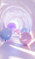 Pastel Dreams, A Whimsical Journey Through a Luminous Tunnel of Balloons and Light photo