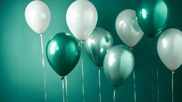 Pastel Celebration, A Festive Array of Green and White Balloons on Teal Background photo