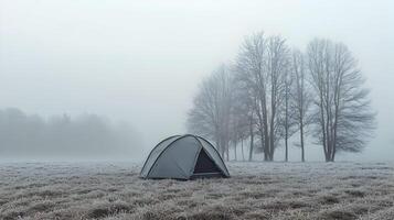 Solitary tent in a frosty field under a dense fog, bare trees create a quiet backdrop photo