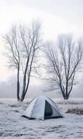 Winter Camping Adventure Tent in a Frosty Landscape with Bare Trees and Foggy Horizon photo