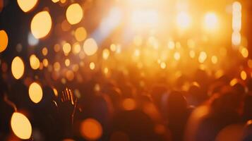 Energetic concert atmosphere with vibrant lights and enthusiastic crowd in blurred focus photo