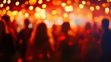 Blurred silhouettes enjoying a lively party atmosphere with vibrant lights overhead photo