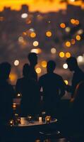 Enchanting skyline view from a rooftop gathering in the evening with bokeh lights photo