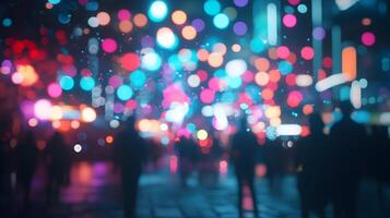 Abstract cityscape night scene with bokeh lights and people silhouettes creating a vibrant atmosphere photo