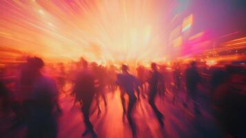 Energetic Crowd Scene with Vibrant Lights and Motion Blurs in a Dynamic Composition photo