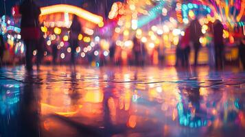 Rainy night reflections, City lights shimmering on wet pavement create vibrant scene photo