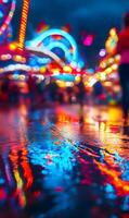 Vibrant Carnival Reflections, An abstract view of colorful lights mirrored on wet pavement photo