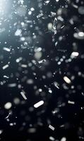 Elegant Silver Confetti Falling on a Dark Background with Bokeh Lights Effect photo