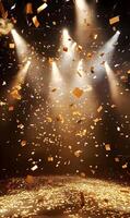 Golden confetti falling from the stage with dramatic lighting creates celebration event photo